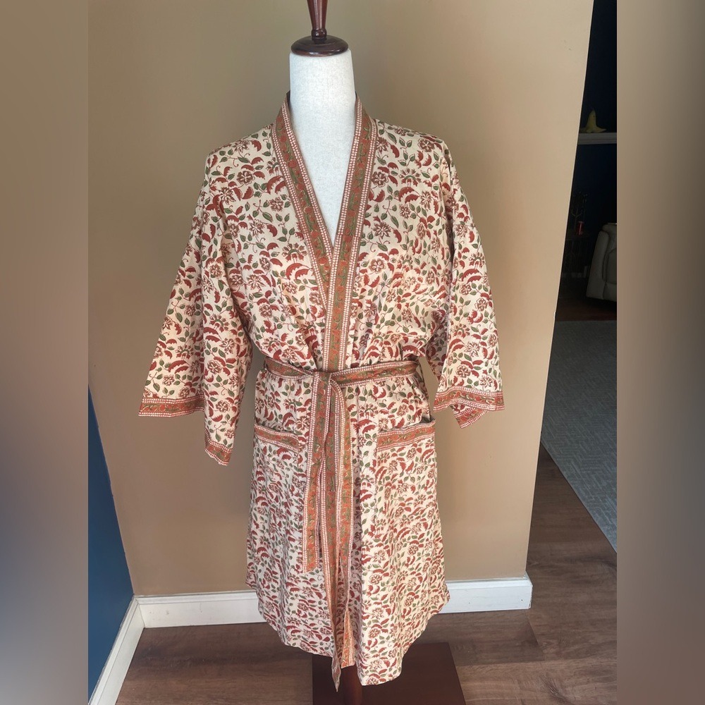 Ten‎ Thousand Villages Cotton Kimono Robe Belted OSFM Printed NWT Red Pockets
